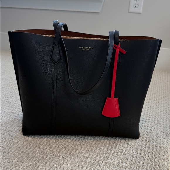 Tory Burch Perry Triple Compartment Black Tote with Red Charm - Picture 1 of 9